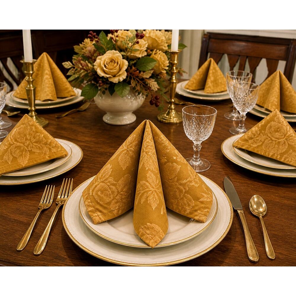Vintage Ralph Lauren Cloth Napkins Set of 6 Gold Damask Floral Jacquard 17x17